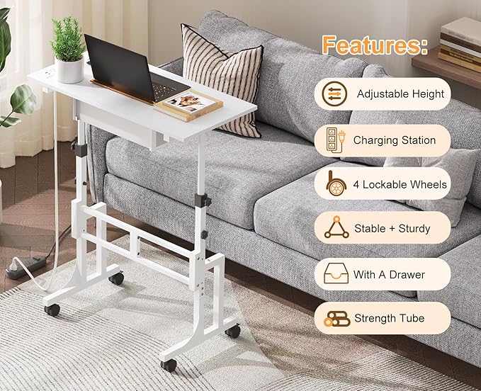 Small Adjustable Height Standing Desk with Storage Drawers, Rolling Sit Stand Up Desk with Wheels Charging Station, Adjustable Mobile Portable Table for Walking Pad Laptop Treadmill Computer