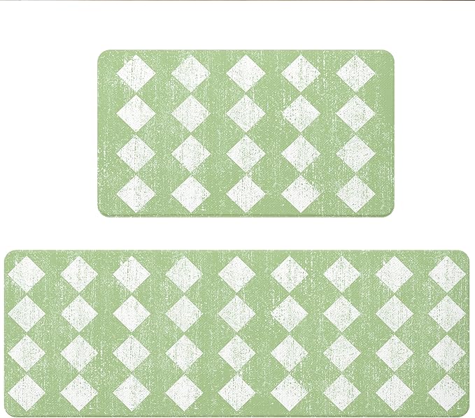Moroccan Trellis Fresh Green Checkered Kitchen Rug Sets [2 PCs], Anti-Fatigue, Waterproof Non-Slip Kitchen Mats Heavy Duty Ergonomic Comfort Foam Rug for Floor, Home, Laundry,17"x29"+17"x47"