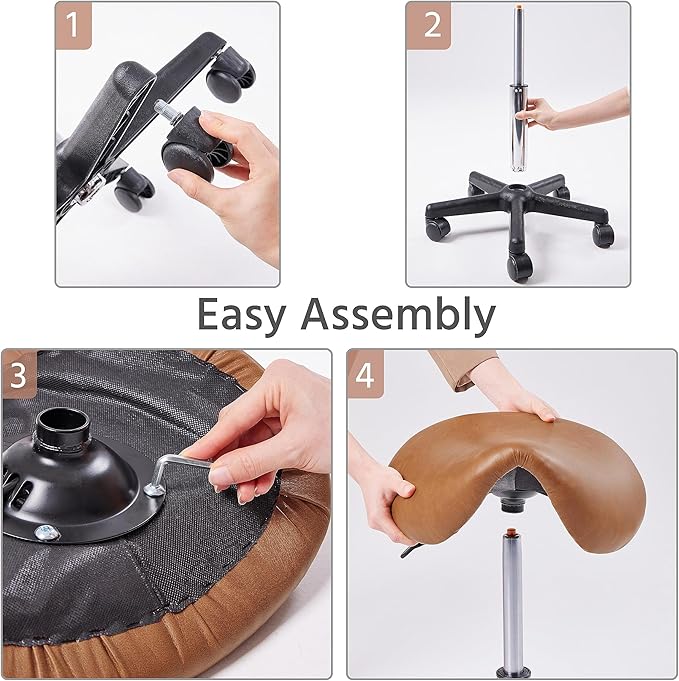 Yaheetech Saddle Stool Rolling Saddle Chair with Wheels Swivel Adjustable Stool for Hair Stylist/Lash Tech PU Leather Tattoo Massage Chair, Retro Brown