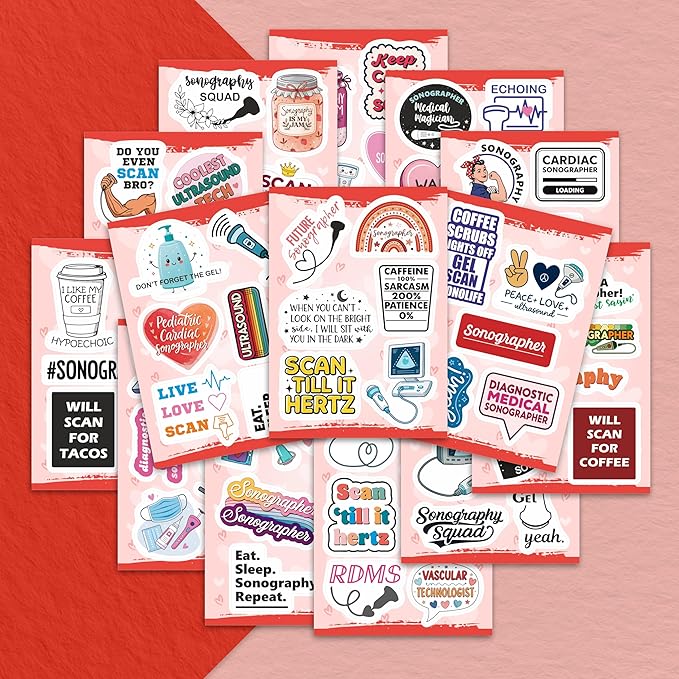 100Pcs Sonography Stickers for Water Bottle, Laptop - Ultrasound Stickers - Sonography Gifts for Sonographer, Party Decorations - Gift for Women & Men