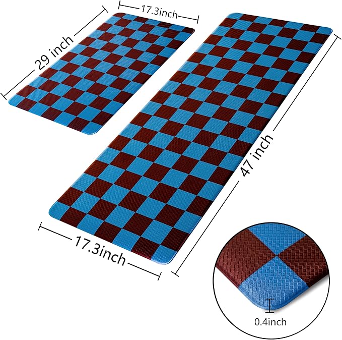 Peacock Blue Checkered Grid Checkerboard Kitchen Rug Sets [2 PCs], Anti-Fatigue, Waterproof Non-Slip Kitchen Mats Heavy Duty Ergonomic Comfort Foam Rug for Floor, Home,17"x29"+17"x47"