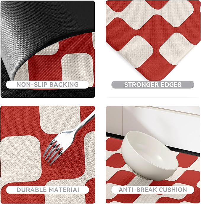 Red Beige Retro Curvy Checkered Grid Checkerboard Kitchen Rug Sets [2 PCs], Anti-Fatigue, Waterproof Non-Slip Kitchen Mats Heavy Duty Comfort Foam Rug for Floor, Home, Laundry,17"x29"+17"x47"