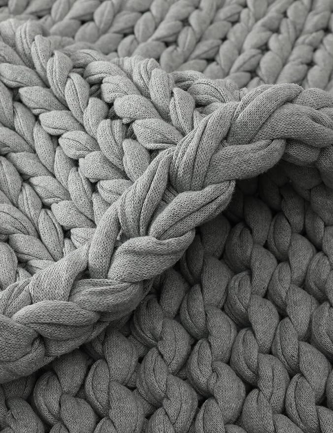 YnM 100% Cotton Weighted Blanket, Handmade Chunky Knitted Throw, No fillers Design, Soft and Breathable, Machine Washable Bed Blanket for Sleep or Home Decor (Lighte Grey, 80x84 Inch, 35lbs)