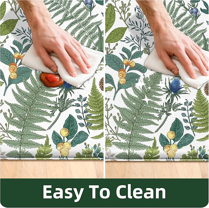 White Green Botanical Kitchen Rugs Set of 2 Plant Leaf Anti-Fatigue Kitchen Mat Natural Comfort Standing Waterproof PVC Mats 2/5" Thick Leather Carpet for Laundry Office Sink(17.3" x28" + 17.3" x 47")