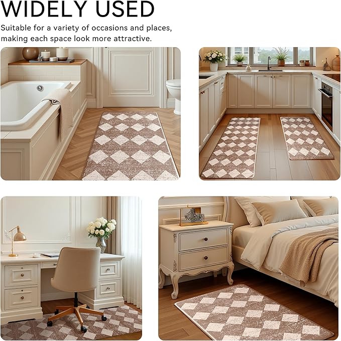Khaki Beige Moroccan Trellis Checkered Kitchen Rug Sets [2 PCs], Anti-Fatigue, Waterproof Non-Slip Kitchen Mats Heavy Duty Ergonomic Comfort Foam Rug for Floor, Home, Laundry,17"x29"+17"x47"