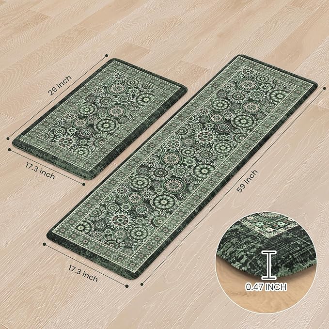 KIMODE Kitchen Mats for Floor Anti Fatigue, Farmhouse Green Kitchen Rugs Sets of 2, Cushioned Kitchen Floor Mats, Comfort Standing Mat for Sink, Laundry, Office, Desk 17"x59"+17"x29"