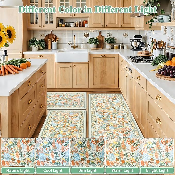 Kitchen Rugs Sets of 3 Cushioned Anti Fatigue Kitchen Mats for Floor, Non Slip Waterproof Vintage Botanical Floral Runner Rug, Comfort Standing Mat for Laundry, Sink, Office Beige