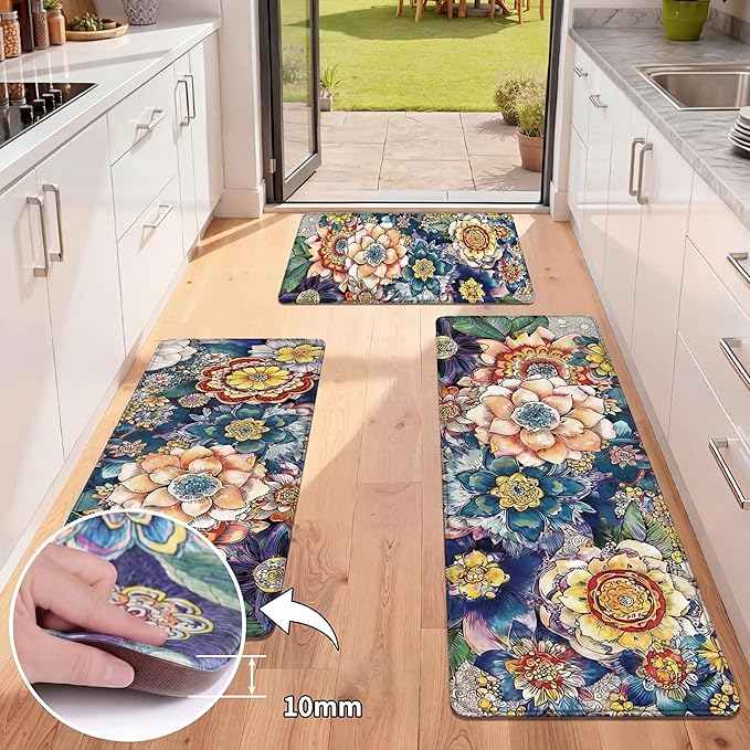 Dunzy 3 Pcs Spring Boho Floral Anti Fatigue Kitchen Mats for Floor Vintage Floral Cushioned Foam Mat Non Slip Waterproof Standing Rug Set for Sink Laundry Home, 17" x 29" 17" x 47" 17" x 59"(Boho)