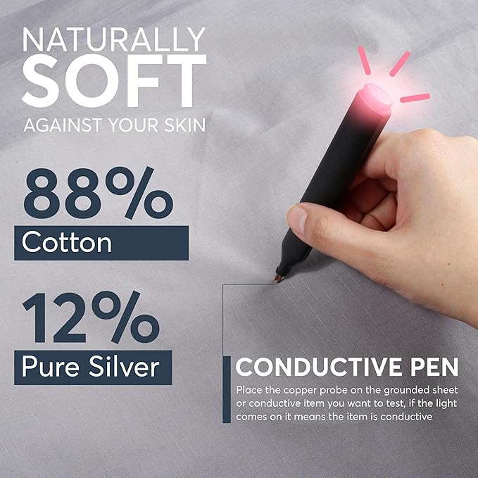 Emberix Grounding Sheets King Size, 12% Pure Silver Fiber Earthing Bed Sheet, 88% Cotton Soft & Breathable, Grounded Sheets Deep Pocket 15" with Eye Masks & Ear Plugs for Rest & Wellness (Gray)