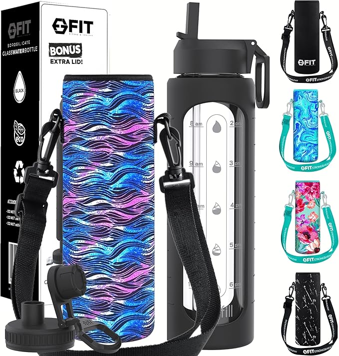 FIT Strong & Healthy 32 oz Glass Water Bottle with Straw Lid - Wide Mouth Borosilicate Glass Water Bottles with Time Marker, Silicone Sleeve & Extra Lid - 1L Large Motivational Drinking Bottle