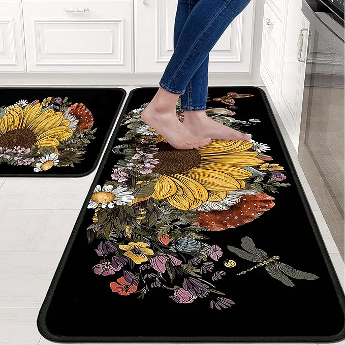 Sunflower Kitchen Rugs 2 Piece Set for Floor Mat, Non Skid Washable Absorbent Microfiber Sunflower Kitchen Mat for in Front of Sink for Standing for Home Sunflower Kitchen Decor 17"X30"+17"X47"