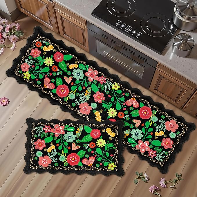 Scalloped Black Kitchen Mats for Floor 2PC Cushioned Anti Fatigue Kitchen Mats Rugs Waterproof Non Slip Boho Floral Comfort Foam Standing Mat for Sink Laundry,17.3x30+17.3x59