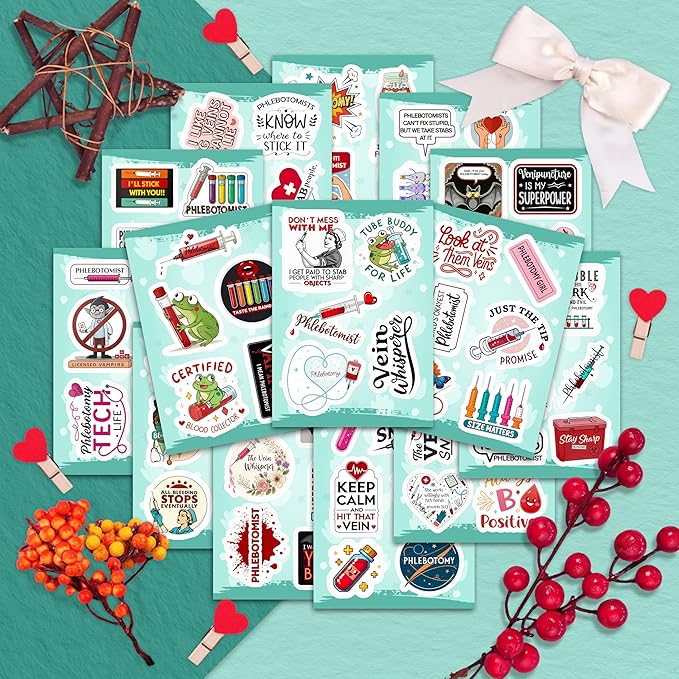 100Pcs Phlebotomy Stickers for Water Bottle, Laptop - Funny Phlebotomy Gifts for Phlebotomist - Phlebotomist Party Supplies & Decorations for Lab Week - Gift for Women & Men