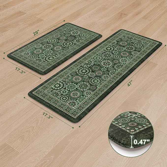 KIMODE Anti Fatigue Kitchen Mats for Floor 2 Piece Cushioned Boho Kitchen Rugs Memory Foam Kitchen Floor Mats Standing Desk Mats for Laundry Office Sink Green 17"x47"+17"x29"