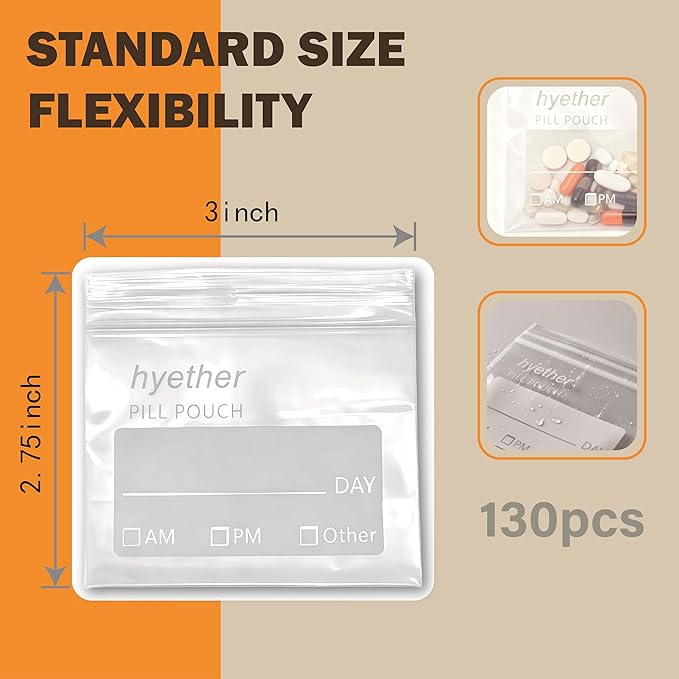 Pill Bags for Travel Pill Pouches 3 x 2.75 inch Pack of 130 Travel Pill Organizer for Medicine with Write on Label Clear Ziplock Seal Waterproof BPA Free