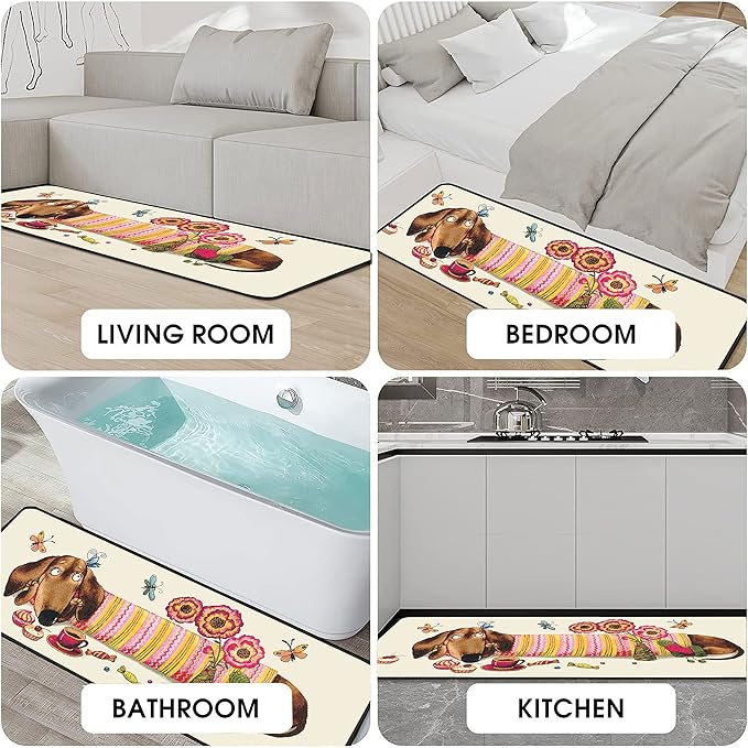 Dachshund Kitchen Rugs 2 Piece Set for Dog Floor Mat, Non Skid Washable Absorbent Microfiber Dachshund Kitchen Mat for in Front of Sink for Standing for Home Dog Kitchen Decor 17"X30"+17"X47"
