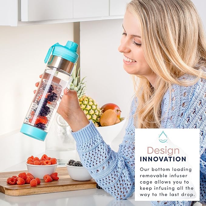 Infusion Pro 24 oz Fruit Infuser Water Bottle with Twist Cap Lid : Insulated Sleeve & Infused Water Recipe eBook : Bottom Loading Water Infuser for More Flavor : Unique Gift Idea (Blue Jade, 1-Pack)