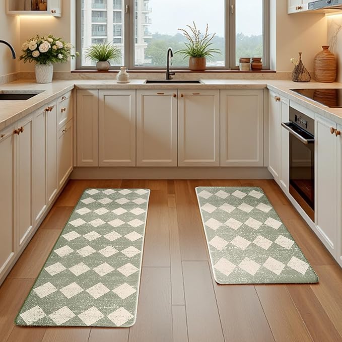Sage Beige Moroccan Trellis Checkered Kitchen Rug Sets [2 PCs], Anti-Fatigue, Waterproof Non-Slip Kitchen Mats Heavy Duty Ergonomic Comfort Foam Rug for Floor, Home, Laundry,17"x29"+17"x47"
