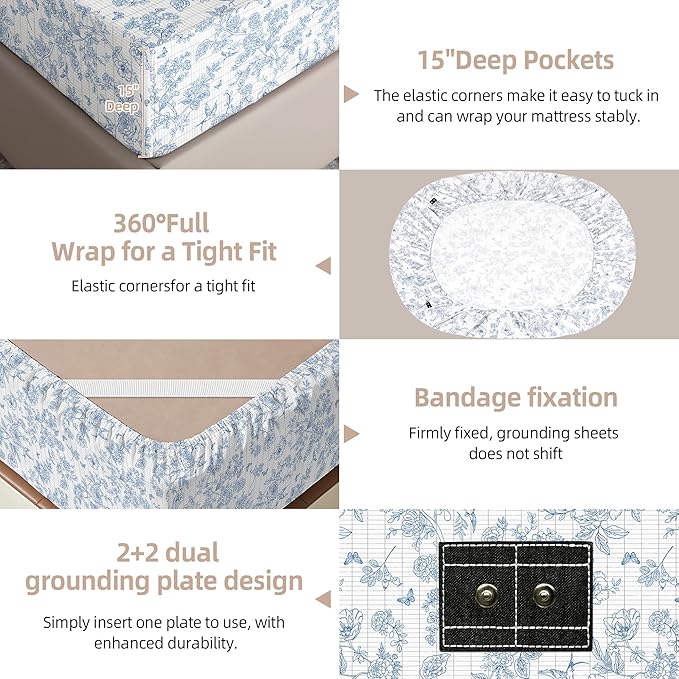 Grounding Sheets Queen Blue Floral - 15% Pure Silver + 85% Organic Cotton Fitted Bed Sheet for Earthing - 400 Thread Count Deep Pocket Grounded Bedsheets - Improved Sleep Down to Earth Ground Bedding