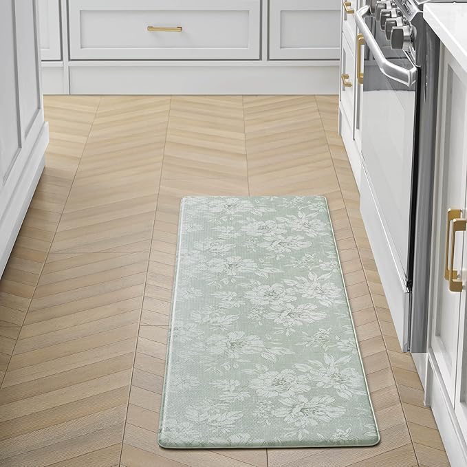 Laura Ashley - Anti-Fatigue Kitchen Mat, Iris Floral Design, Stain, Water & Fade Resistant, Cooking & Standing Relief, Non-Slip Backing, Measures 17.5" x 60", Sage Green Iris