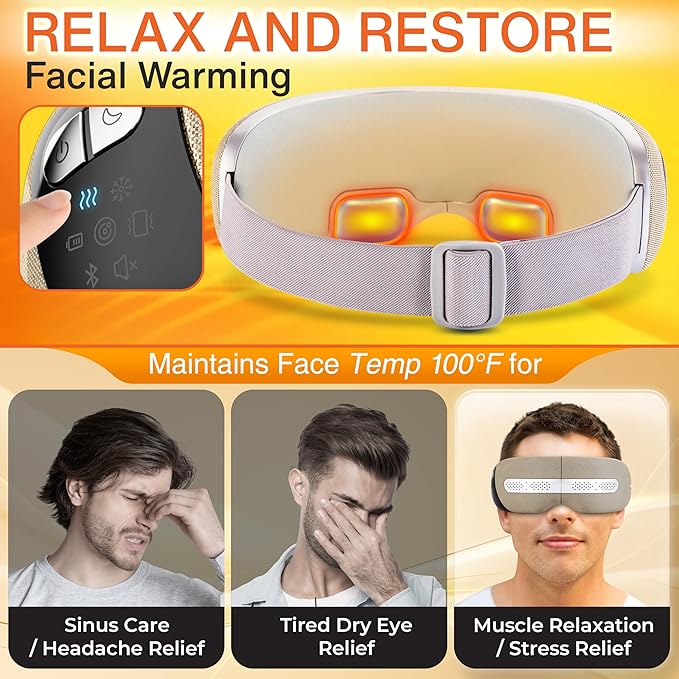 SereneLife Smart Eye Massager with Heat and Cooling, Compression, Vibration, Music, Wireless Heated Mask