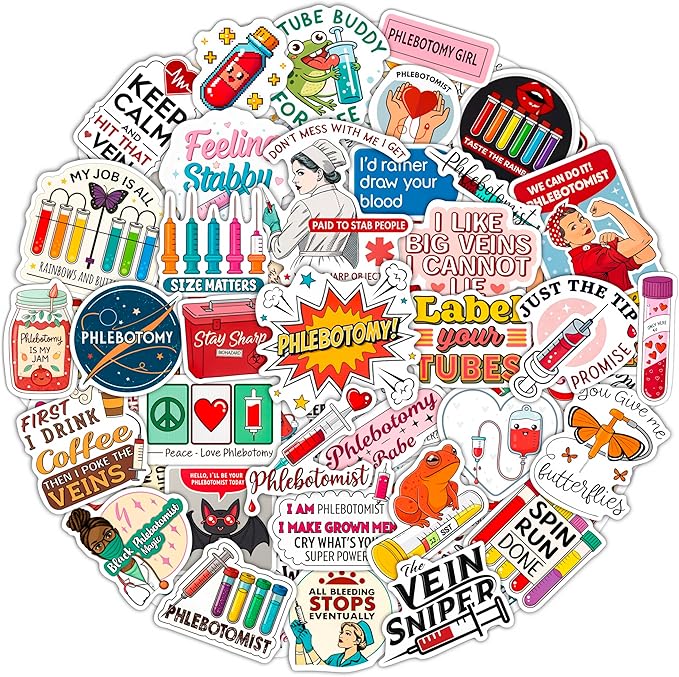 100Pcs Phlebotomy Stickers for Water Bottle, Laptop - Funny Phlebotomy Gifts for Phlebotomist - Phlebotomist Party Supplies & Decorations for Lab Week - Gift for Women & Men