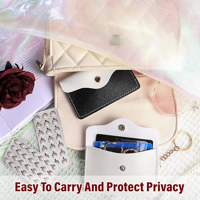Tondiamo 2 Pack Birth Control Pill Case Holder PU Leather Pill Sleeve Packet 4.33 x 3 Inch Discreet Birth Control Pouch with Snap Closure Key Ring for Pills Card Organizer(Black, White)