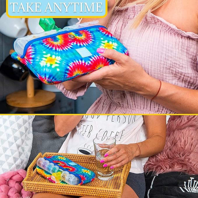 Made Easy Kit Pill Case Large 7-Day / 28 Compartments in Neoprene Carrier with Storage Pill Box in Daily in Morn, NOON, EVE, Bed a Weekly Vitamin, Medicine, Capsule Organization (Tie Dye)