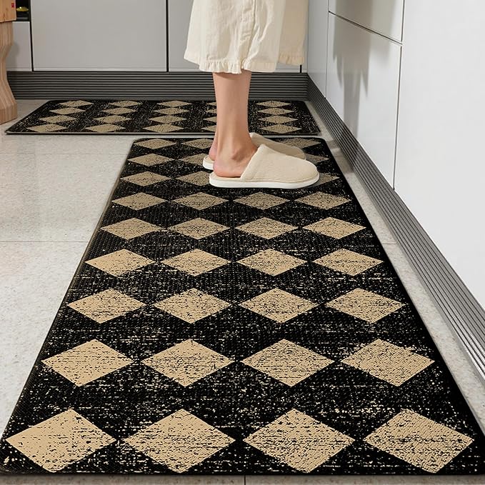 Black Brown Moroccan Trellis Checkered Kitchen Rug Sets [2 PCs], Anti-Fatigue, Waterproof Non-Slip Kitchen Mats Heavy Duty Ergonomic Comfort Foam Rug for Floor, Home, Laundry,17"x29"+17"x47"