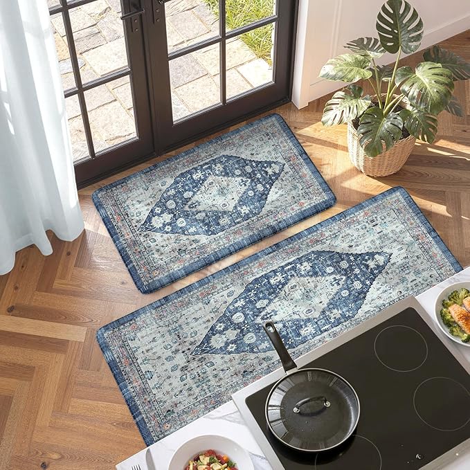 Collive Boho Kitchen Rugs Set of 2 Non Skid Kitchen Mats for Floor Cushioned Anti Fatigue Kitchen Floor Mats Waterproof Comfort Heavy Duty Foam Mats for Standing Desk Sink Laundry, 17.3"x29"+17.3"x47"