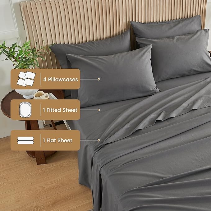 Simple&Opulence Belgian Linen Sheet Set Solid Color - 6 Pieces (1 Flat Sheet & 1 Fitted Sheet & 4 Pillowcases) 16" Deep Pocket Natural Flax Cotton Blended Soft Bedding - Dark Grey, Queen Size