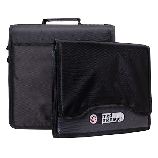 Med Manager Medicine Organizer and Binder, Removable Pouches, Detachable 5-Tab Expanding File Folder, Holds (15) Pill Bottles - (11) Standard Size and (4) Large Bottles, Black, 13 x 13 x 4.5 inches