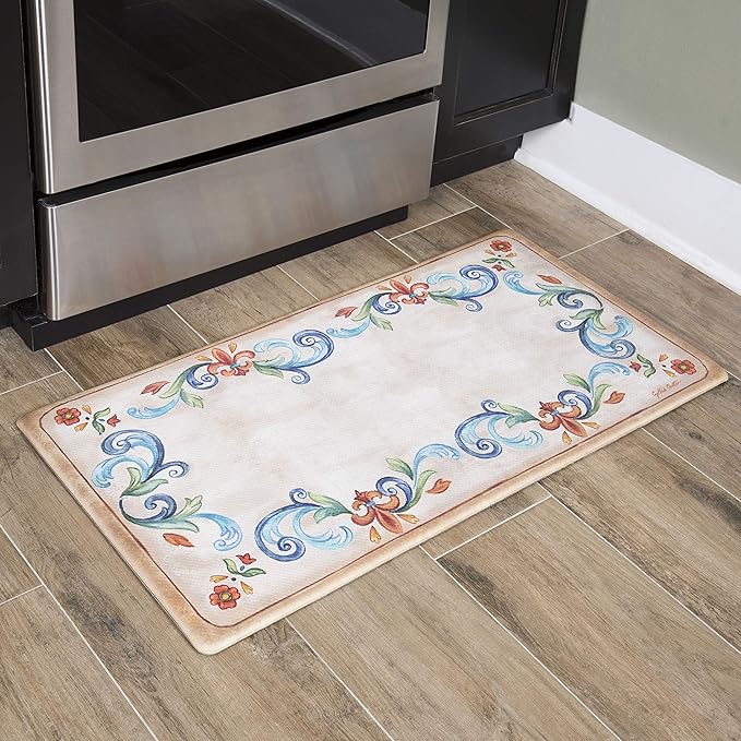 J&V TEXTILES Anti Fatigue Kitchen Mat for Floor, Embossed Themed Cushioned Kitchen Runner Rug Mat, Non Slip, Easy Wipe Clean, 1/2 Inch Thick (20x39 inches, Tuscan Fleur Cream)