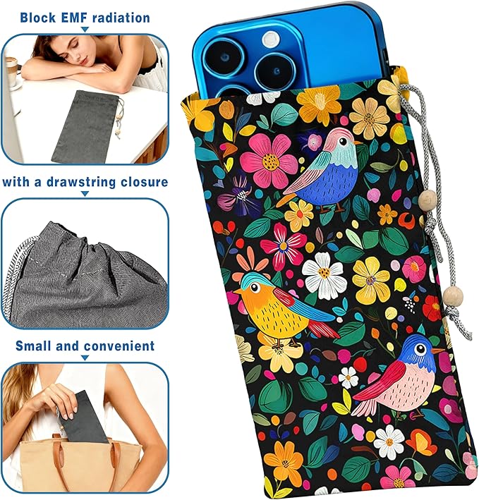 EMF Shield Sleeve for Cell Phone Reduce Signal Anti-EMP Pouch Against Radiation, EMF, 5G, RFID Blocking 4x8 Inch Flower Bird Phone Sleeve Bags