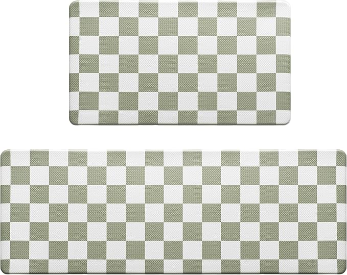 Sage Green Checkered Grid Checkerboard Kitchen Rug Sets [2 PCs], Anti-Fatigue, Waterproof Non-Slip Kitchen Mats Heavy Duty Comfort Foam Rug for Kitchen, Floor, Home,Laundry,17"x29"+17"x47"