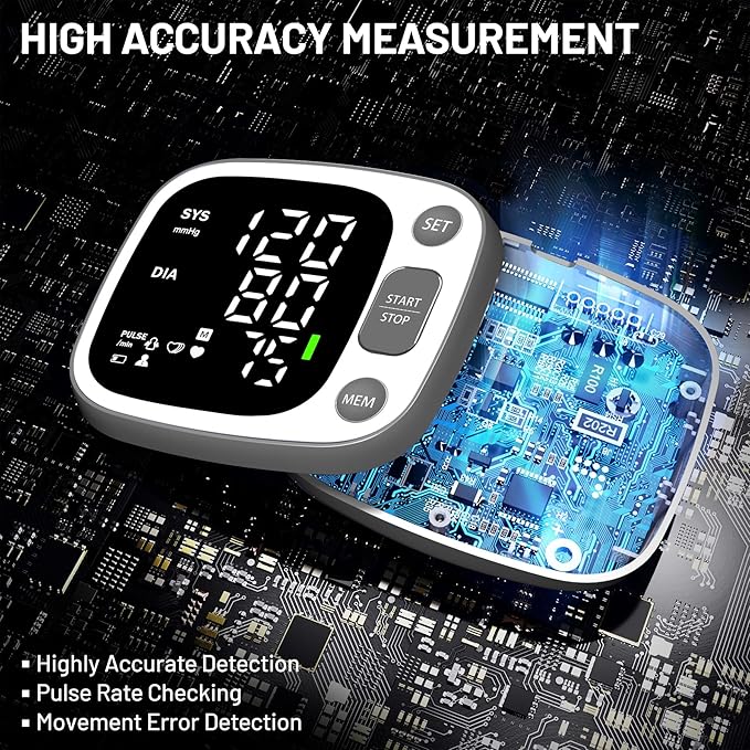Oklar Blood Pressure Monitors for Home Use Rechargeable Wrist Digital BP Machine Cuff with LED Backlit Display, Voice Broadcast, 240 Memory Storage for 2 Users with Carrying Case, Grey