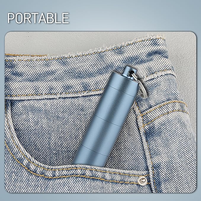 Pill Box Keychain, Aluminum Alloy, Waterproof Compact Pill Organizer for Emergency Pills & Vitamins, Portable Keyring Necklace Holder, Travel Hiking Essentials, 3 Compartments, Blue