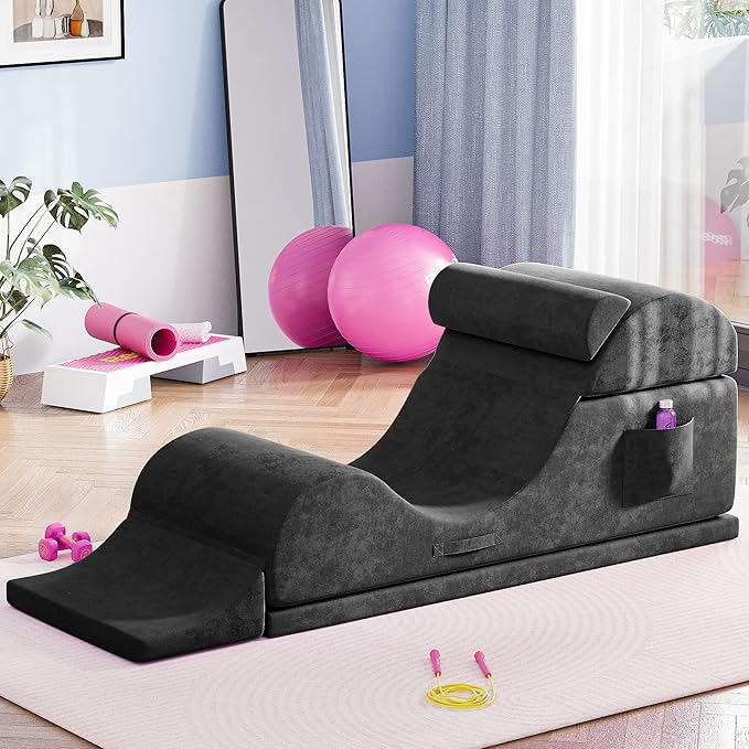Convertible Yoga Chair for Adults, Ergonomic Foam Lounge with Lumbar Pillow, Washable Cover, Side Pocket, No Assembly Needed – Great for Exercise, Stretching & Relaxation Black