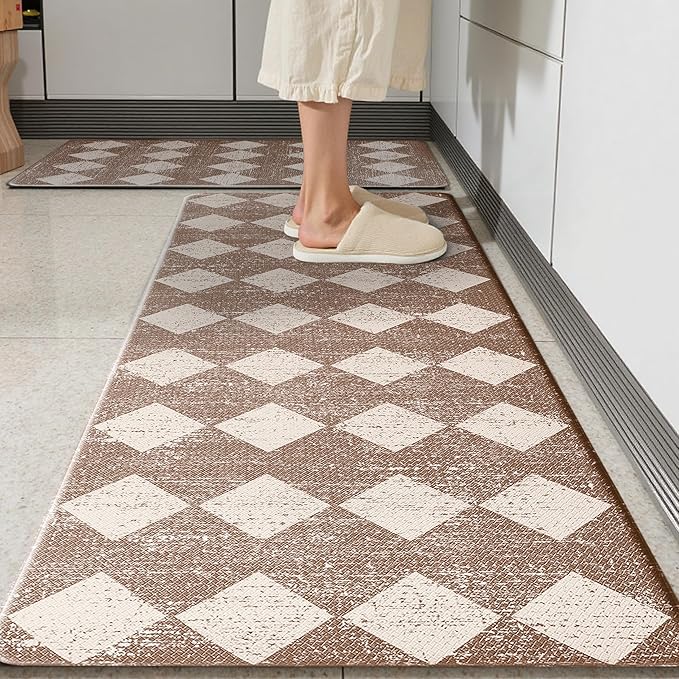 Khaki Beige Moroccan Trellis Checkered Kitchen Rug Sets [2 PCs], Anti-Fatigue, Waterproof Non-Slip Kitchen Mats Heavy Duty Ergonomic Comfort Foam Rug for Floor, Home, Laundry,17"x29"+17"x47"