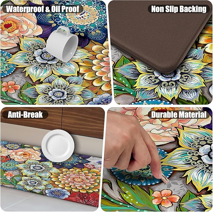 Boho Floral Kitchen Rugs Mats for Floor 2 Piece Cushioned Anti Fatigue Memory Foam Mat Non Slip Standing Desk Padded Comfort Standing Mat, 17.3x28+17.3x47 Inch - 1/2 Inch Thick