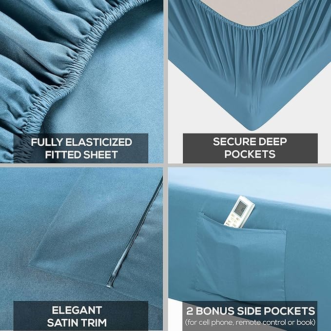 Mueller Ultratemp King Size Sheets Set, Super Soft 1800, 6 Piece, Deep Pocket up to 16" Cooling Sheets King Size, Transfers Heat, Breathes Better, Hypoallergenic, Wrinkle, Denim
