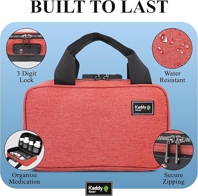 Kaddy Secure Pill Organizer Box, Storage for Bottles of Medicine or Supplements; Toiletry; Travel or Home, TSA Approved Lock (Red)