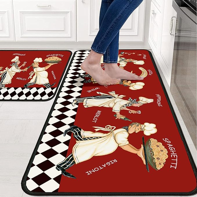 Red Fat Chef Kitchen Rugs 2 Piece Set for Floor Mat, Non Skid Washable Absorbent Microfiber Fat Chef Kitchen Mat for in Front of Sink for Standing for Home Fat Chef Kitchen Decor 17"X30"+17"X47"