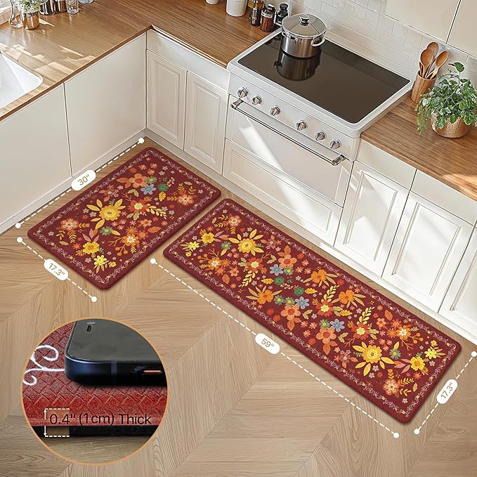 GENIMO Kitchen Mats for Floor 2PCS, Cushioned Kitchen Rugs Non Slip Washable, Farmhouse Anti Fatigue Mat Waterproof, Comfort Standing Mat Rug for Office, Home, Laundry, 17.3"x59"+17.3"x30", Red