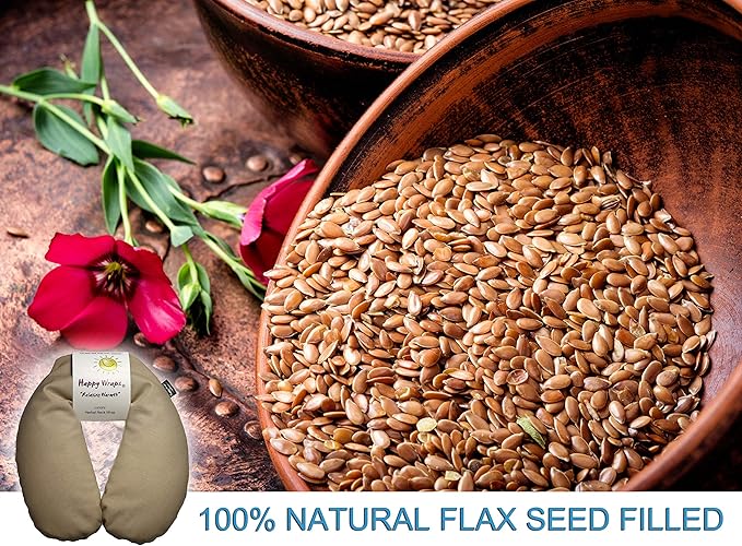 Microwavable Unscented Flax Seed Neck Wrap & Free Sleep Eye Mask - Hot Cold Heating Pad for Shoulder & Neck Pain Relief Pillow - Stress & Migraine Relief - Heat or Freeze - Tan