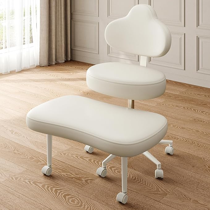 Cross Legged Office Chair with Wheels, Meditation Chair, ADHD Chair for Adults, Wider Height Adjustable Backrest and Seat, Yoga Office Chair, PU Leather, Beige