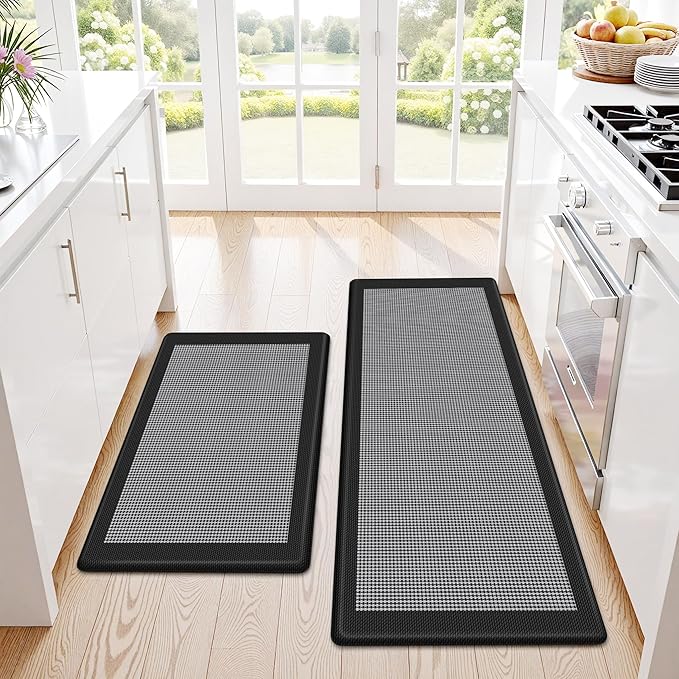 Kitchen Mats, 2PCS Kitchen Rugs for Floor, Cushioned Anti-Fatigue Mats for Kitchen Floor, Non-Slip Standing Desk Mat for Sink, Home, Laundry & Office, 17.3"x30"+17.3"x47" (Black)