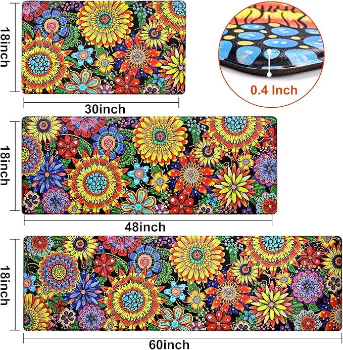 Likiyol Boho Kitchen Rugs, Boho Floral Anti Fatigue Kitchen Mat for Floor, Bohemian Flowers Non Slip Washable Kitchen Floor Mats, Comfort Standing Mat, 18''x30''+18''x48''+18''x60'', Yellow