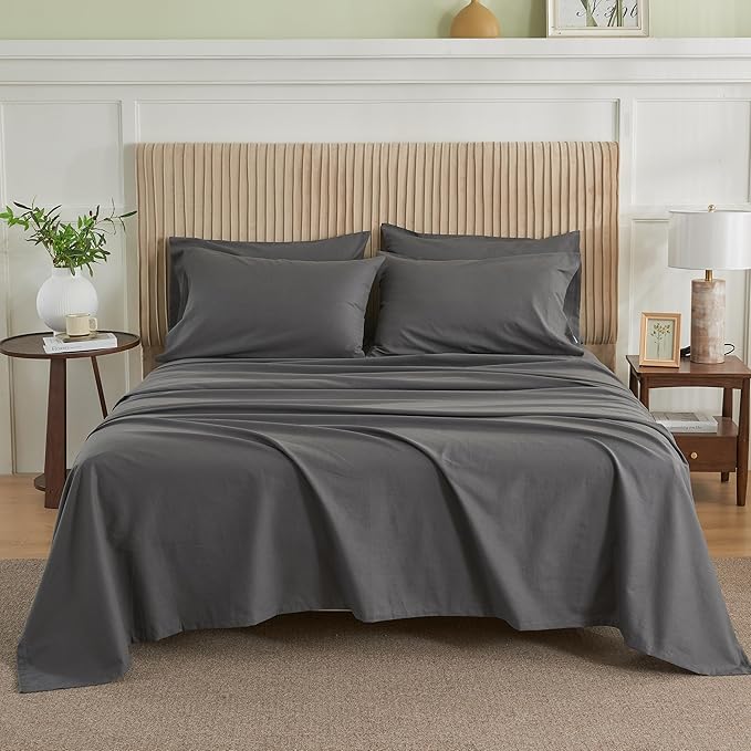 Simple&Opulence Belgian Linen Sheet Set Solid Color - 6 Pieces (1 Flat Sheet & 1 Fitted Sheet & 4 Pillowcases) 16" Deep Pocket Natural Flax Cotton Blended Soft Bedding - Dark Grey, California King