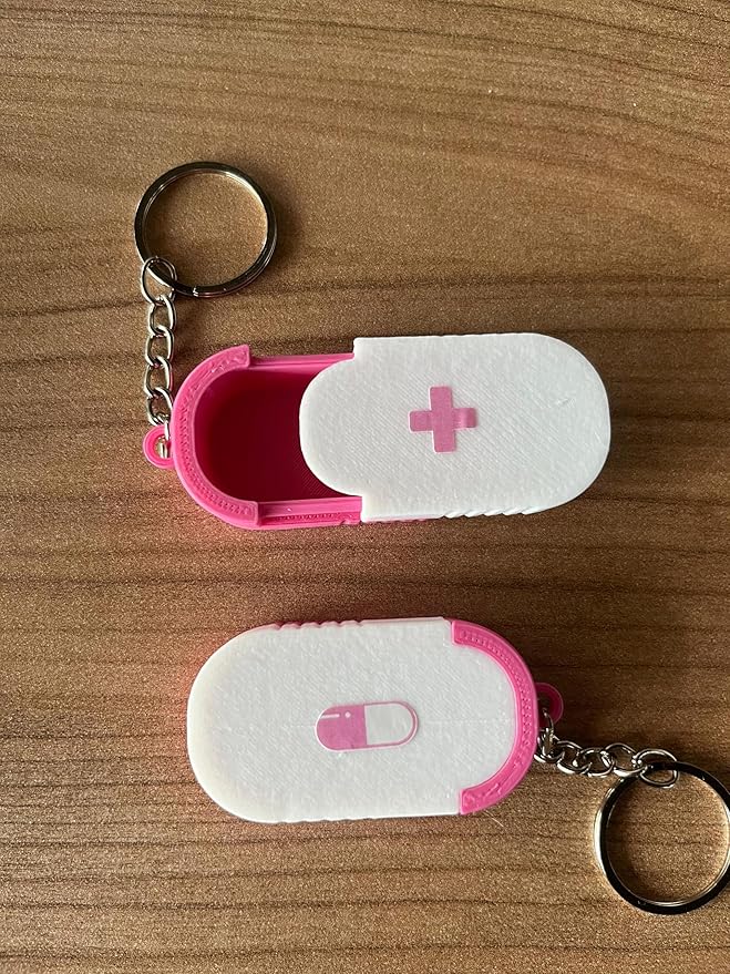 Keychain Pill Box Daily Medicine Carrying Tiny Keychain Vitamin Box (Pink)